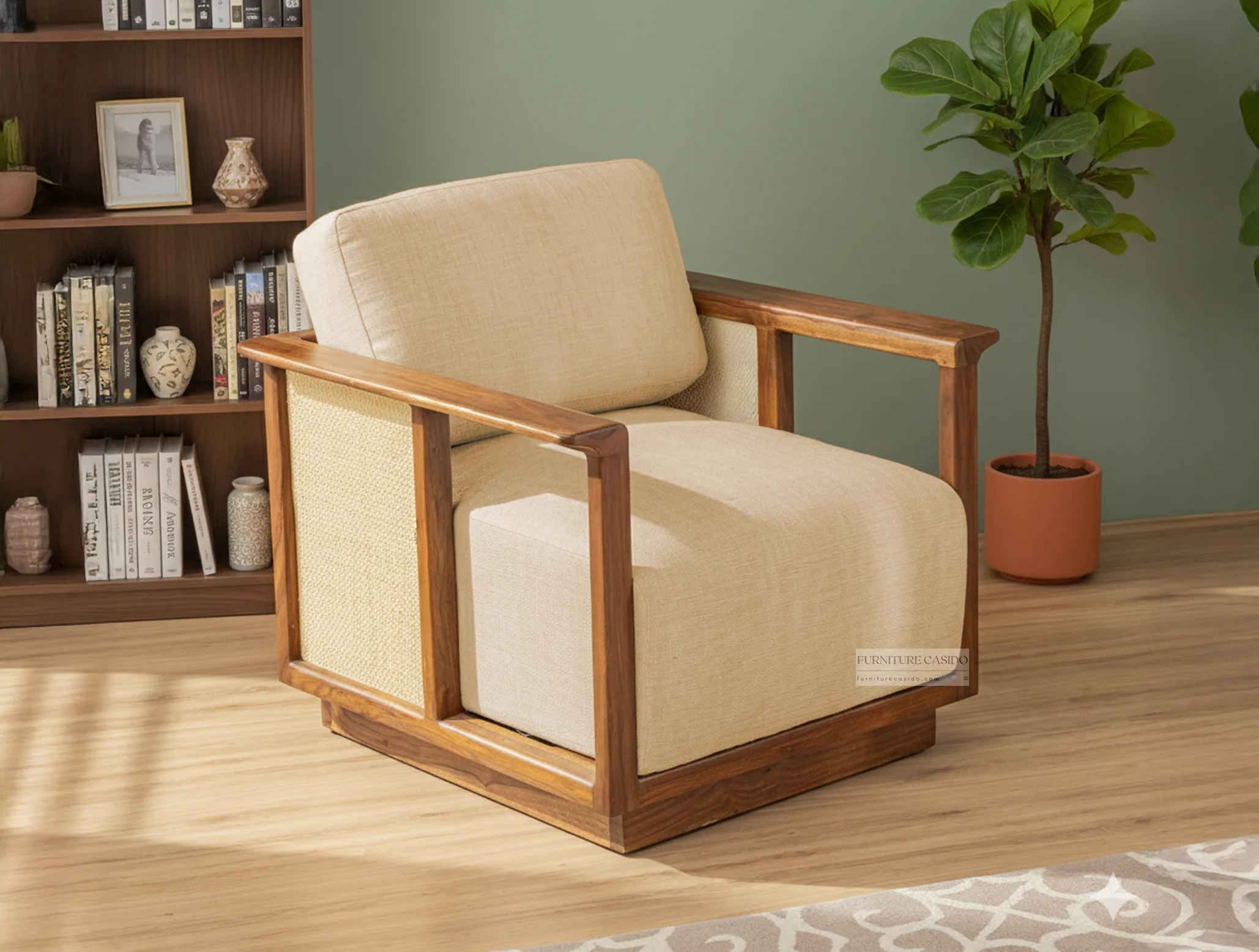 solid wooden single seater sofa design with rattan cane