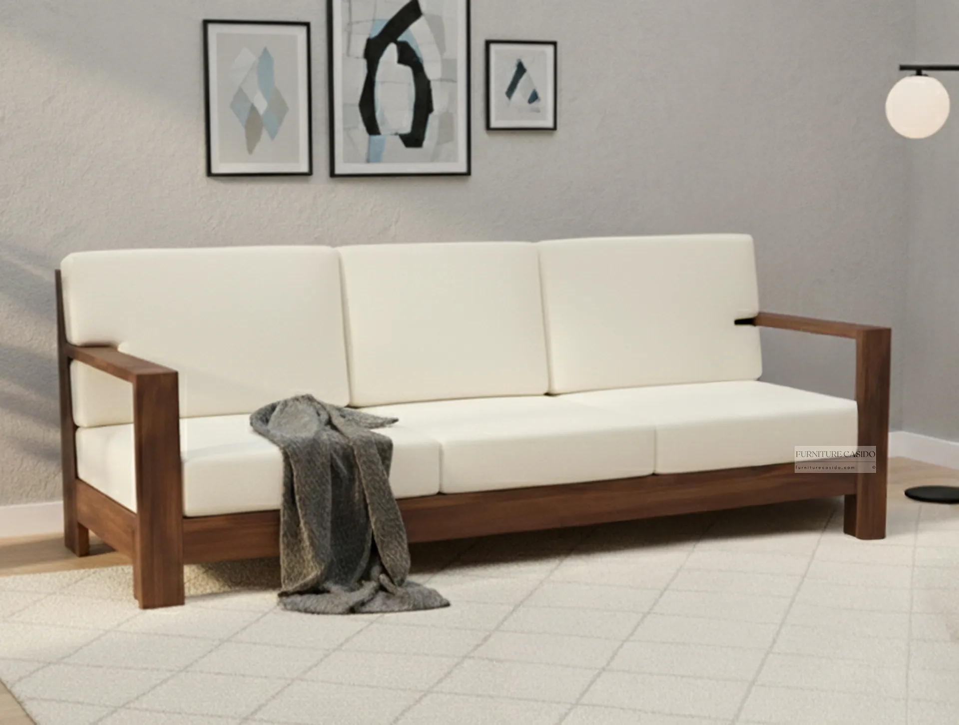 Solid Wooden Triple Seater Sofa With Cushion