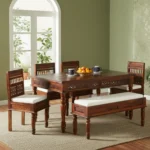 TRADITIONAL SHEESHAM WOOD 6 SEATER DINING TABLE WITH BENCH SET