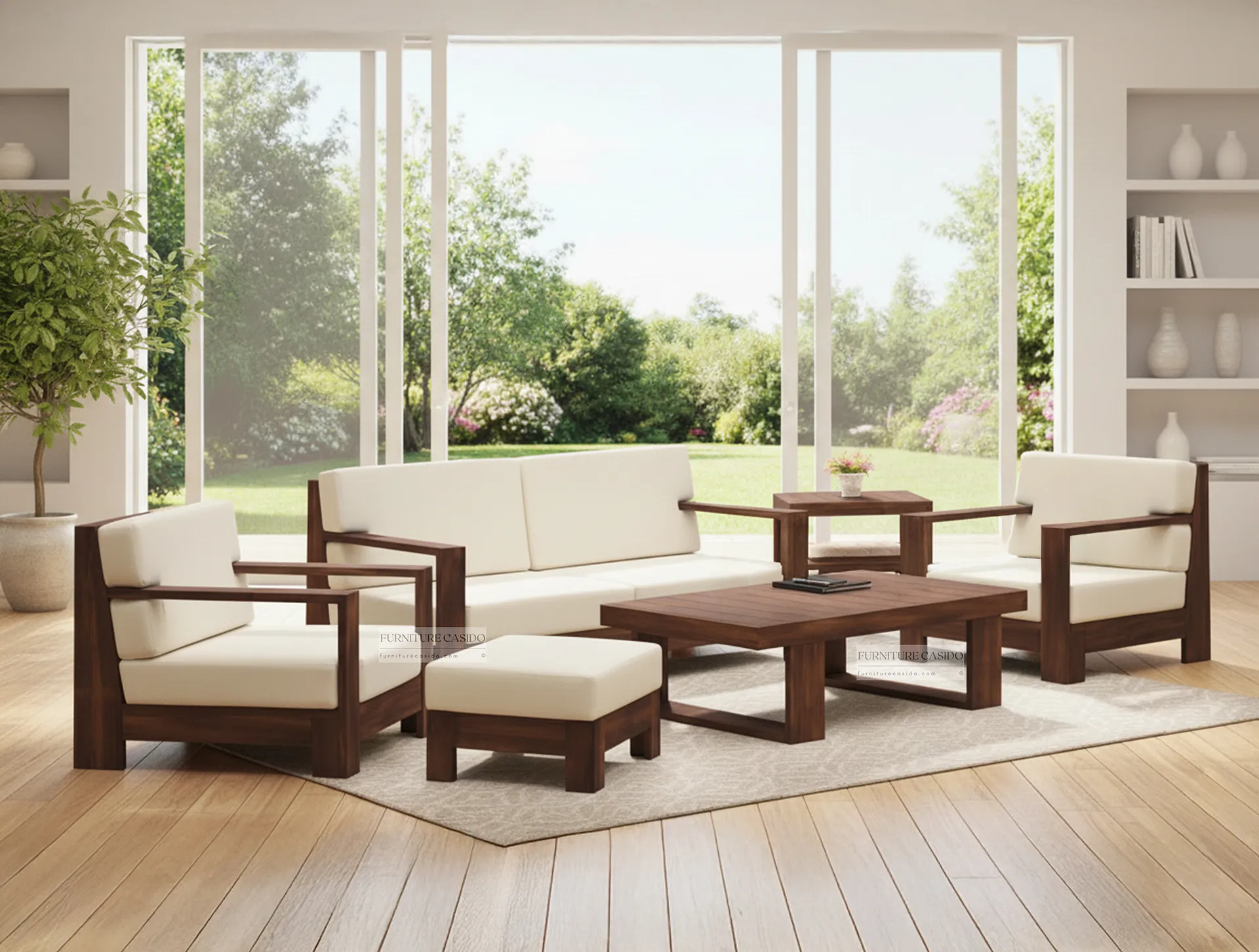 solid wooden 4 seater sofa set 2 1 1 sofa set with stool, side & coffee table