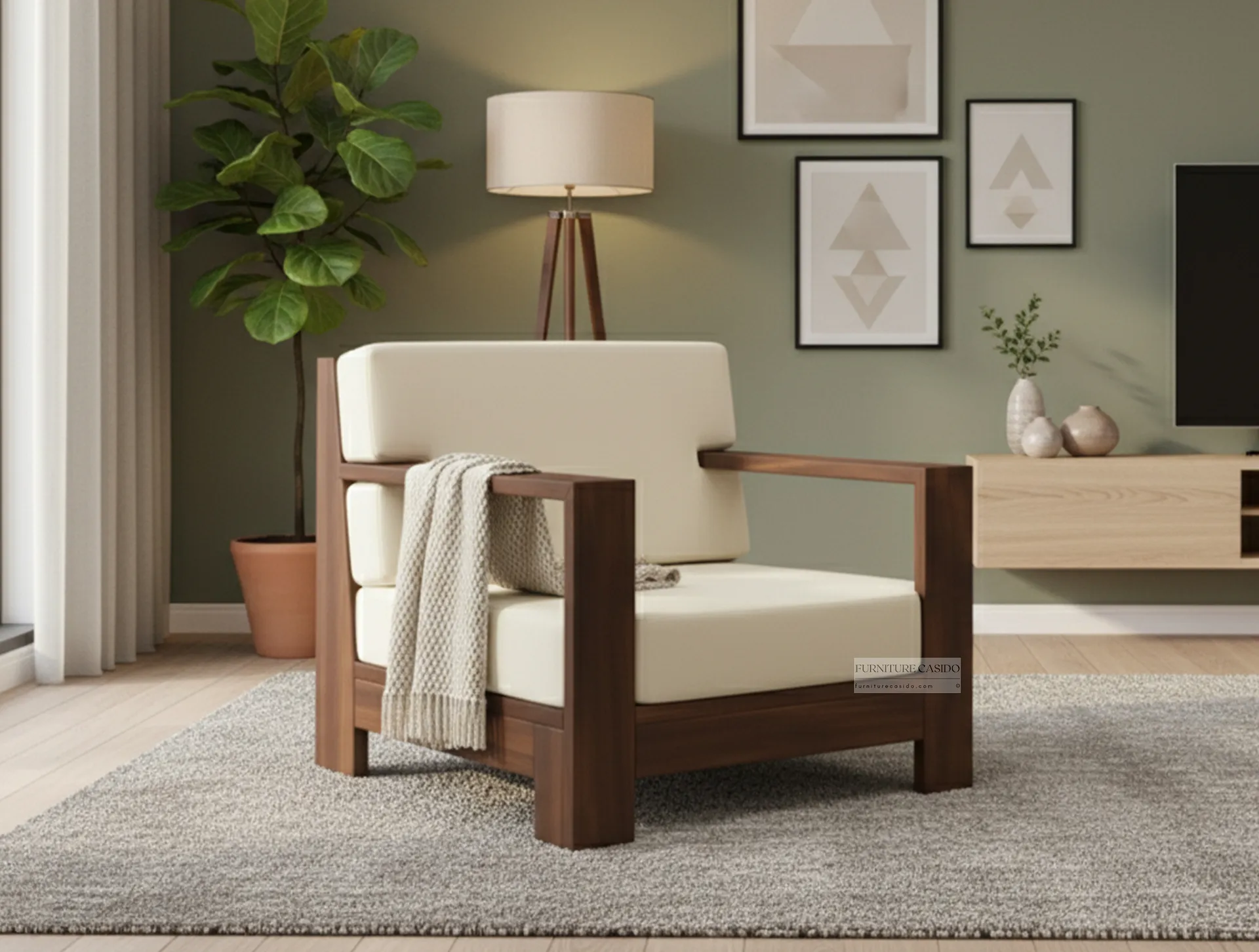 solid wooden single seater sofa with cushion