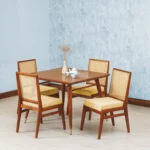 MODERN WOODEN 4 SEATER DINING SET WITH CUSHION CHAIRS & RATTAN CANE WORK
