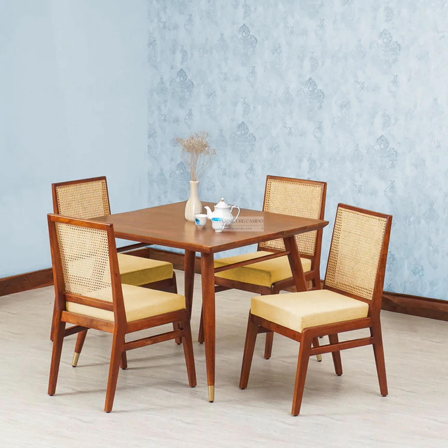 wooden 4 seater dining set with cushion chairs & rattan cane work