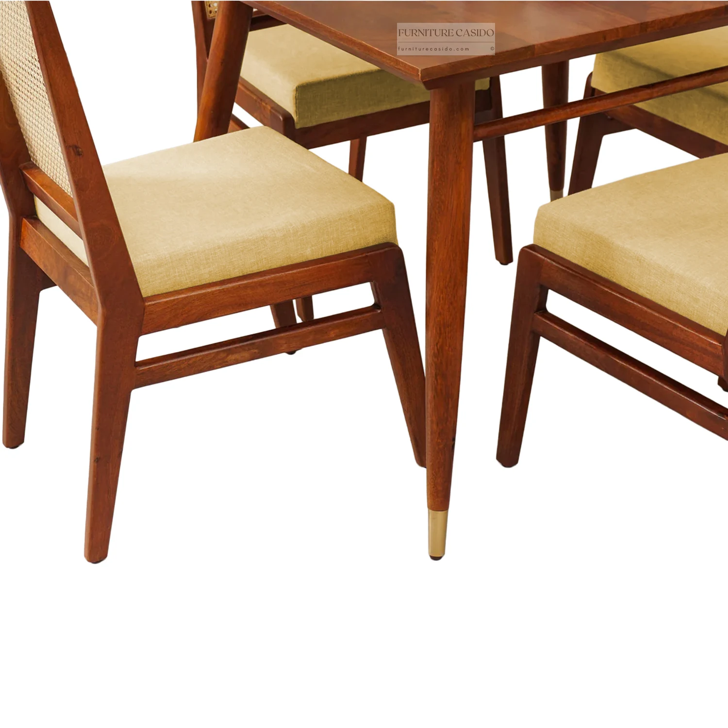 wooden 4 seater dining set with cushion chairs & rattan cane work