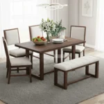 MODERN DINING TABLE SET 6 SEATER - 4 CHAIRS + BENCH SET WITH UPHOLSTERED CHAIRS