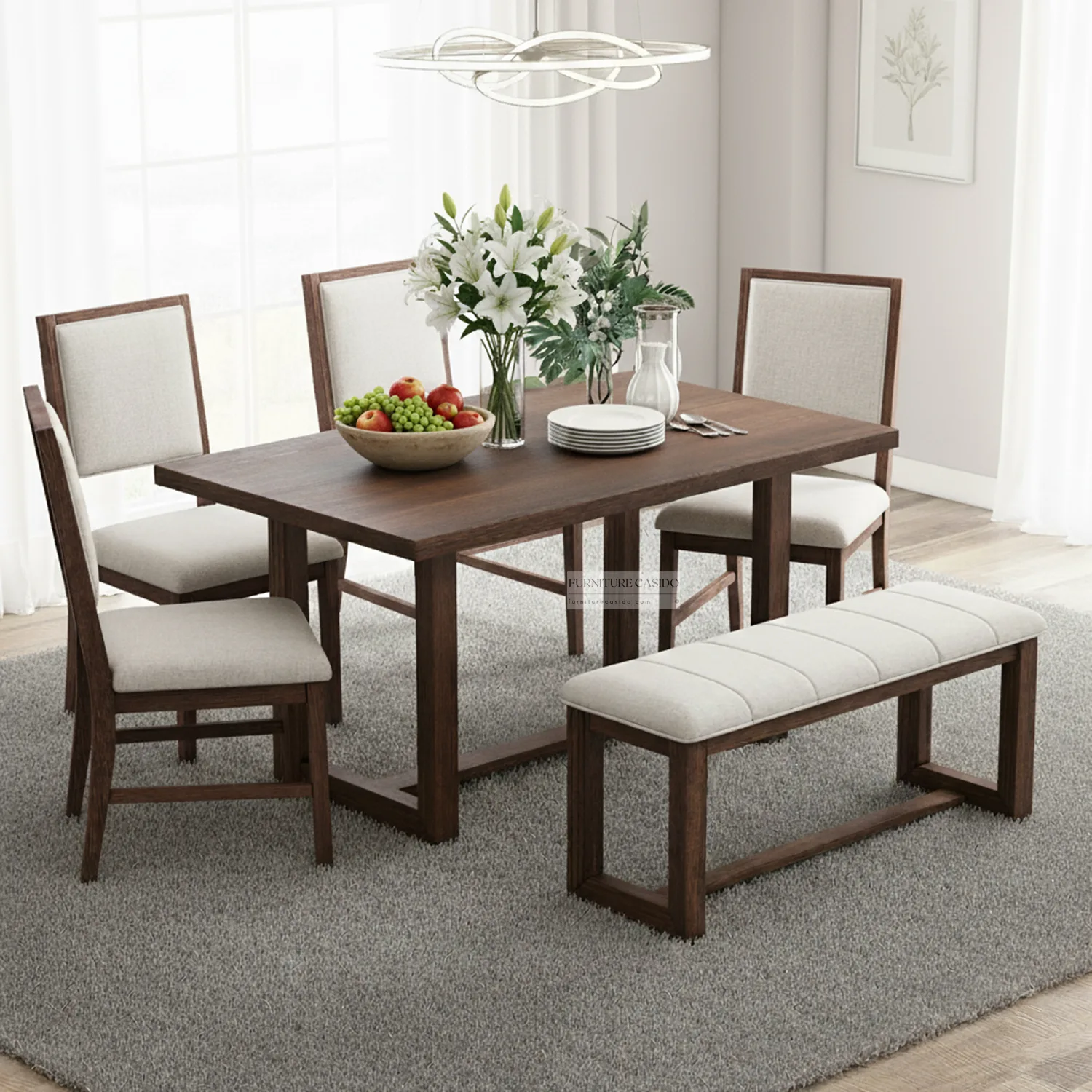modern dining table set 6 seater + bench set with upholstered chairs