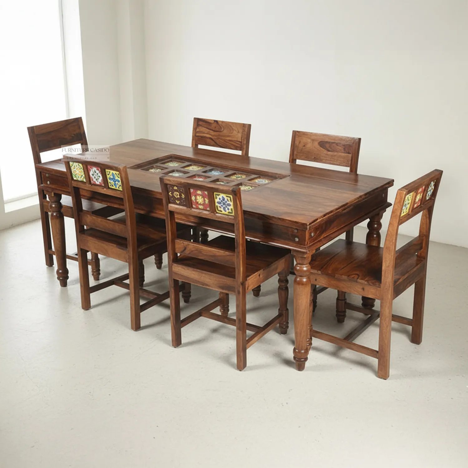 mosaic sheesham wood dining table set 6 seater