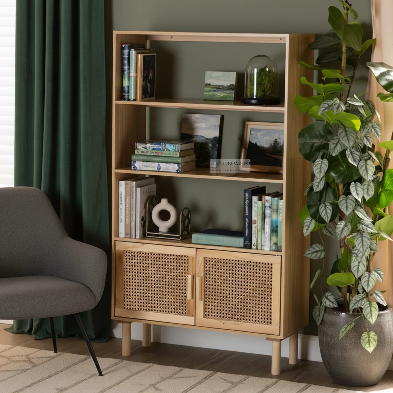 solid wooden rattan bookshelf with doors