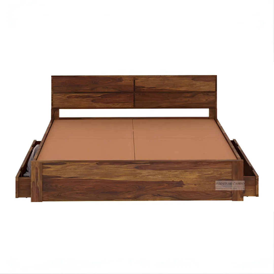 solid sheesham wood queen size bed with storage drawers