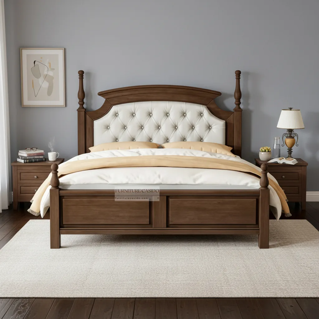 wooden upholstered bed in queeen size with bedside table options
