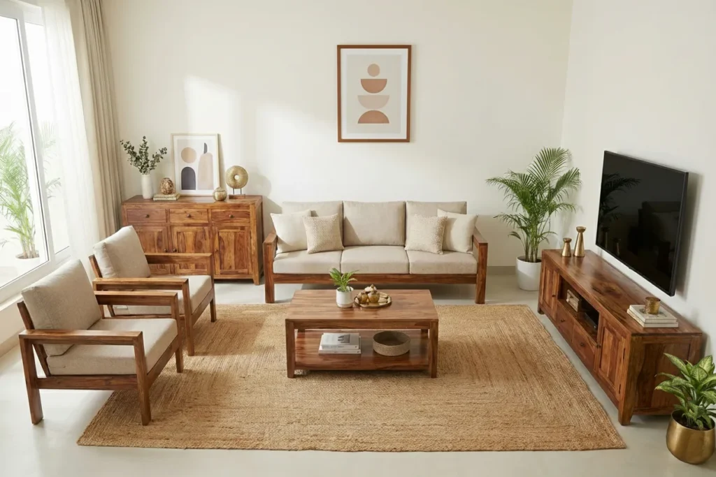 Bright living room interior featuring solid Sheesham wood sofa, TV unit, sideboard and coffee table