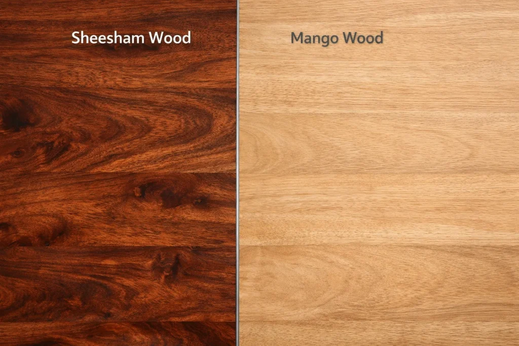 Side-by-side comparison of Sheesham wood and Mango wood textures